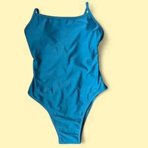 Blue one-piece adjustable swimsuit with tie‎ back detail